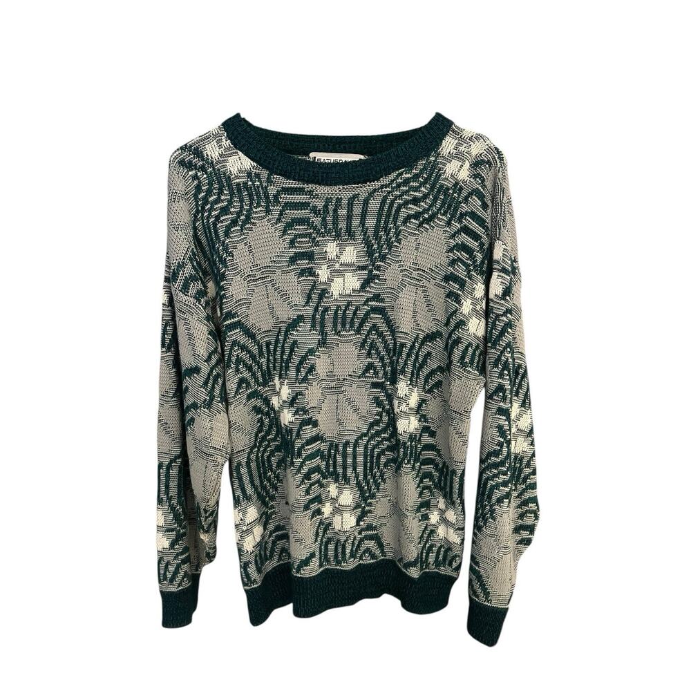 Saturdays vtg 80's women's M grey and teal floral textured knit sweater korea